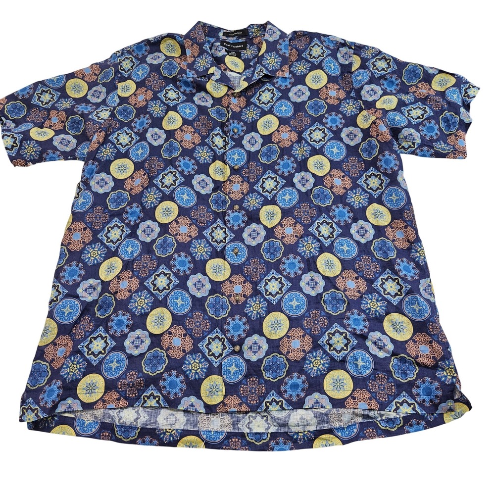 Paul Fredrick XXLT Blue Pure Linen Medallion Print Short Sleeve Button Up Shirt